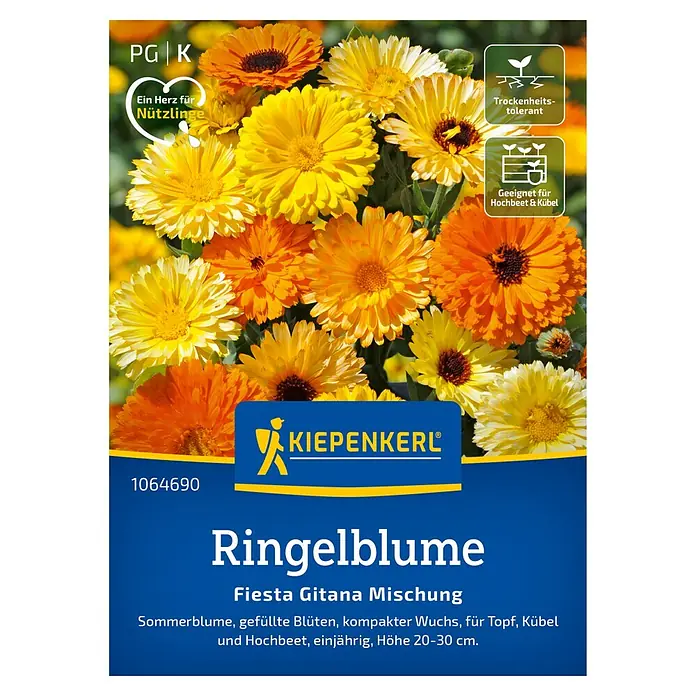 Kiepenkerl Profi-Line Blumensamen Ringelblumen - Calendula officinalis, Mehrfarbig - Abbildung der Ringelblume 'Fiesta Gitana Mischung' von Kiepenkerl, eine farbenfrohe Sommerblume, ideal für Beet, Topf und Kübel.