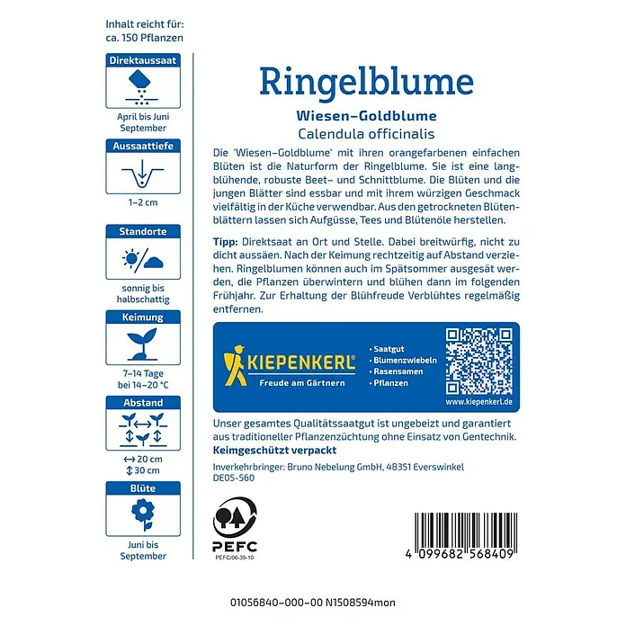 Kiepenkerl Profi-Line Blumensamen Ringelblume - Calendula officinalis, Gelb-Orange - Informationen zur Ringelblume: Direktsaat, Aussaattiefe, Standort, Keimung, Abstand und Blütezeit.