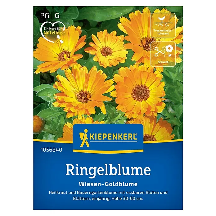 Kiepenkerl Profi-Line Blumensamen Ringelblume - Calendula officinalis, Gelb-Orange - Abbildung der Ringelblumen-Samenpackung von Kiepenkerl. Ideal für Naturgärten und als Heilpflanze.