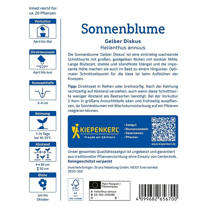 Kiepenkerl Blumensamen Sonnenblume - Helianthus annuus - Bild einer Samenpackung für Sonnenblumen "Gelber Diskus" (Helianthus annuus) mit Anbauhinweisen und dem Kiepenkerl-Logo.