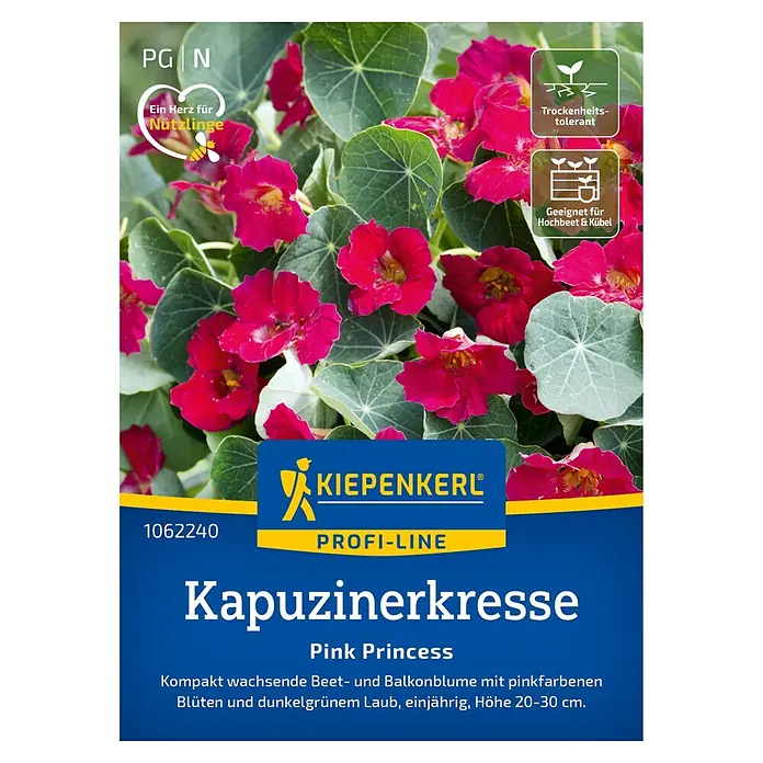 Kiepenkerl Profi-Line Kräutersamen Kapuzinerkresse Pink Princess - Tropaeolum minus, Saatzeit: April - Bild einer Kapuzinerkresse "Pink Princess" Samenpackung von Kiepenkerl, ideal für Beet und Balkon. Trockenheitstolerant und bienenfreundlich.