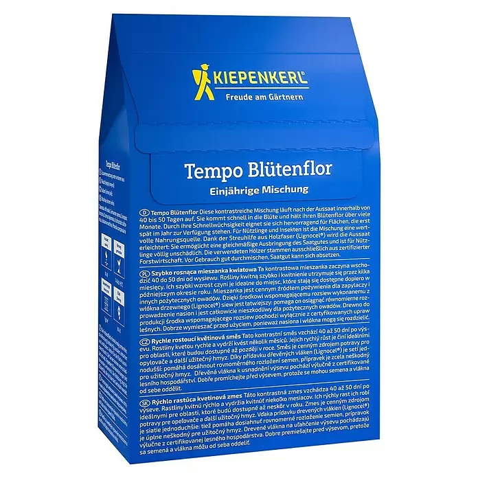 Kiepenkerl Blumenmischung Tempo Blütenflor - Einjährig, 50 cm - 80 cm - Blauer KIEPENKERL Tempo Blütenflor Blumensaat-Beutel mit gelbem Logo.