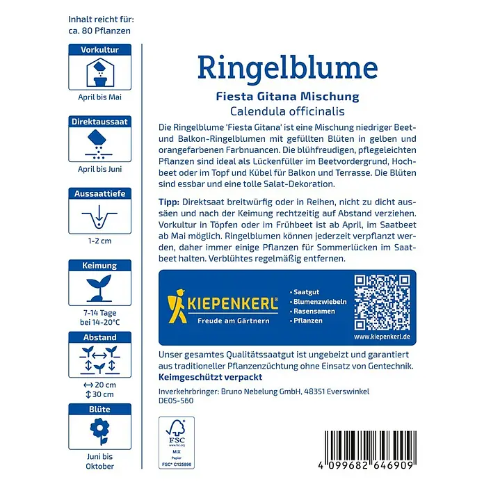 Kiepenkerl Profi-Line Blumensamen Ringelblumen - Calendula officinalis, Mehrfarbig - Abbildung der Ringelblume Fiesta Gitana Mischung Calendula officinalis, einer niedrig wachsenden Beet- und Balkonpflanze mit gelben und orangefarbenen Blüten.