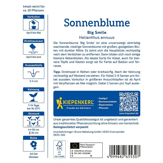 Kiepenkerl Profi-Line Blumensamen Sonnenblume - Helianthus annuus - Abbildung der Samenpackung für Sonnenblume 'Big Smile'.
