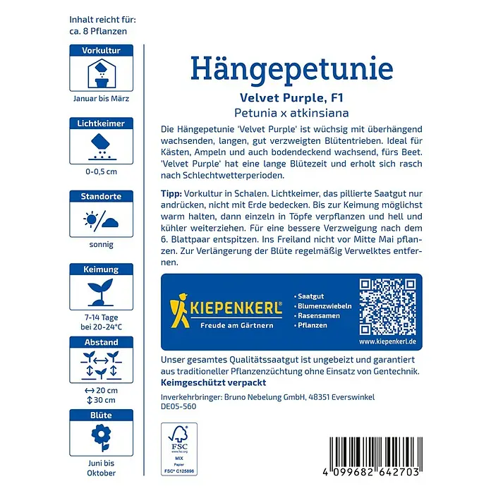 Kiepenkerl Profi-Line Blumensamen Hängepetunie Velvet Purple - Petunia x atkinsiana, Pink - Abbildung einer Packung Hängebepetunien 'Velvet Purple F1' Samen, die die Anbauanleitung und das Kiepenkerl-Logo zeigt.