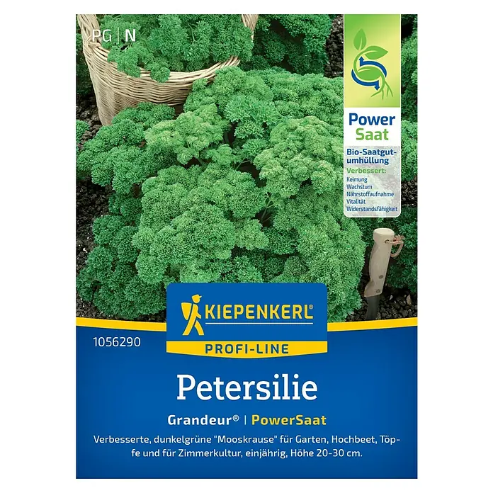 Kiepenkerl Profi-Line Gemüsesamen Petersilien PowerSaat - Petroselinum crispum, Erntezeit: Juni - Bild einer 'Kiepenkerl Petersilie Grandeur® PowerSaat' Packung.