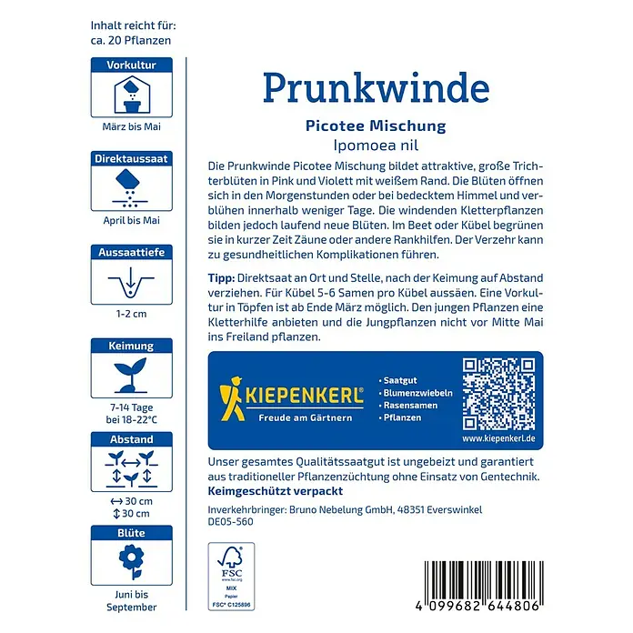 Kiepenkerl Profi-Line Blumensamen Prunkwinde - Ipomoea purpurea, Mehrfarbig - Samentüte der Prunkwinde Picotee Mischung, einer attraktiven Kletterpflanze mit trichterförmigen Blüten in Pink und Violett.