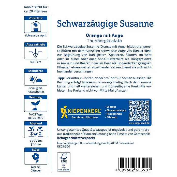 Kiepenkerl Profi-Line Blumensamen Schwarzäugige Susanne Orange mit Auge - Thunbergia alata, Orange - Schwaräugige Susanne 'Orange mit Auge' Samenpackung. Informationen zu Aussaat, Standort und Blütezeit.