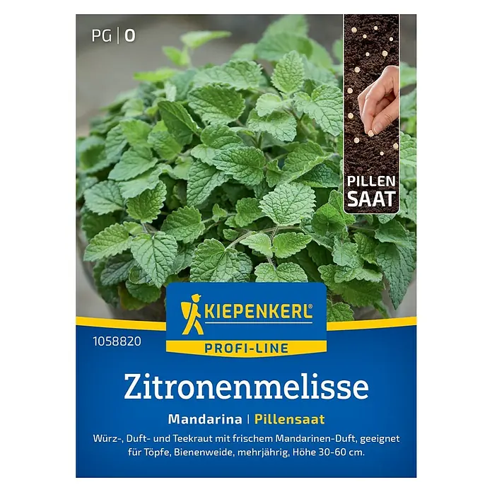 Kiepenkerl Profi-Line Kräutersamen Zitronenmelisse Mandarina - Melissa officinalis, Saatzeit: März, Erntezeit: Mai - Das Bild zeigt eine Packung Zitronenmelisse Mandarina Pillensaat von Kiepenkerl Profi-Line, eine mehrjährige, bienenfreundliche Pflanze.