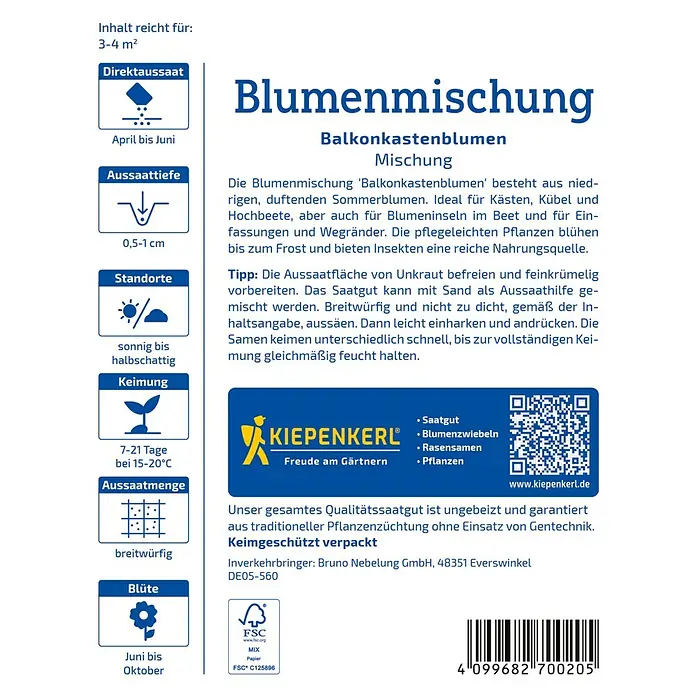 Kiepenkerl Profi-Line Blumensamenmischung Balkonkastenblumen - Verschiedene Sorten, Mehrfarbig - Abbildung einer Blumensamenpackung für Balkonkästen. Enthält Infos zu Aussaat, Standort und Blütezeit für Balkonblumen.