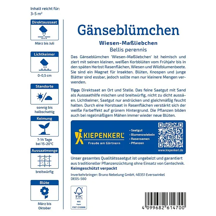Kiepenkerl Profi-Line Blumensamen Gänseblümchen Wiesen Maßliebchen - Bellis perennis, Weiß, 3 m² - 5 m² - Produktbild: Gänseblümchen-Samenpackung der Marke Kiepenkerl, ideal für die Aussaat von März bis Oktober.