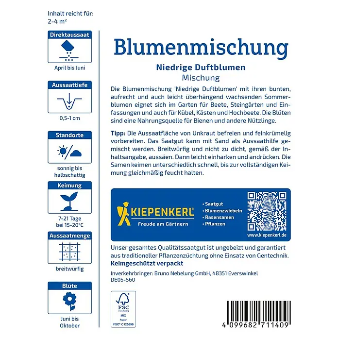 Kiepenkerl Blumensamenmischung Niedrige Duftblumen - Verschiedene Sorten, Mehrfarbig, 2 m² - 4 m² - Samenpackung Blumenmischung 'Niedrige Duftblumen'. Bunte Sommerblumen für Beete, Steingärten und Kübel. Eine Nahrungsquelle für Bienen und Nützlinge.