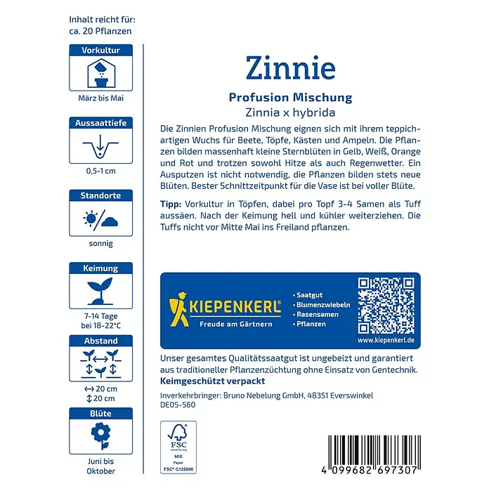 Kiepenkerl Profi-Line Blumensamen Zinnie Profusion - Zinnia elegans, Mehrfarbig - Bild einer Zinnien-Samenpackung, die Profusion Mischung Zinnia x hybrida verspricht, ideal für farbenfrohe Beete und Rabatten.