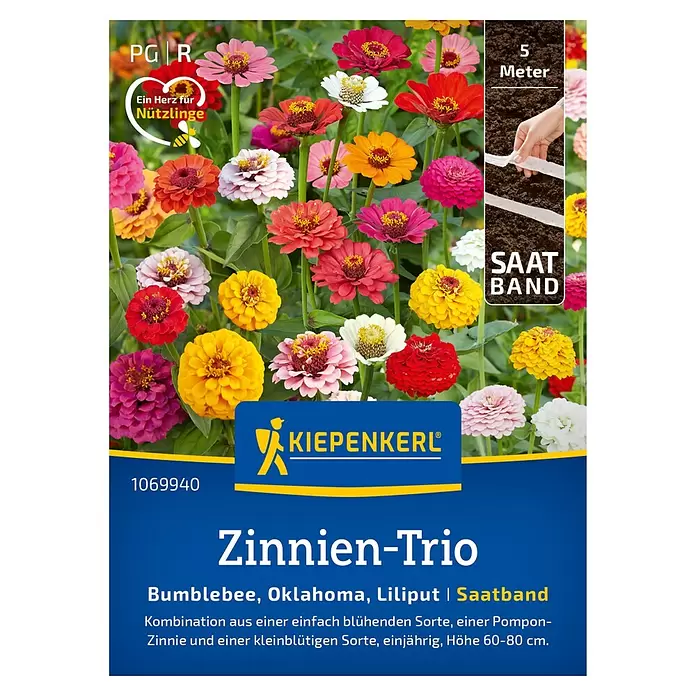 Kiepenkerl Blumensamenmischung Zinnien-Trio - Zinnia elegans, Inhalt geeignet für ca. 5 Meter - Zinnien-Trio Saatband-Verpackung mit bunten Blumen und Saatband beim Pflanzen.