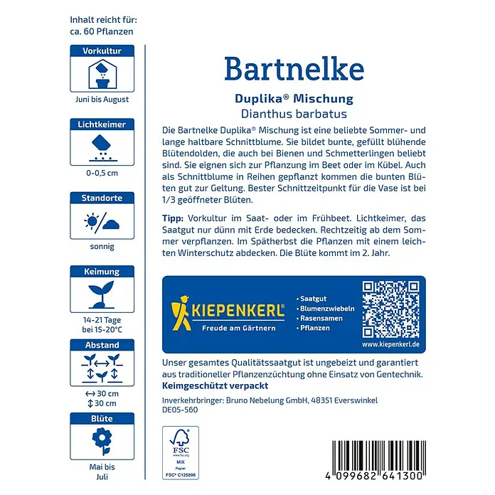 Kiepenkerl Profi-Line Blumensamen Bartnelke - Dianthus barbatus - Bild einer Bartnelke Duplika® Mischung Samenpackung, die Informationen zu Anbau, Standort und Blütezeit enthält.