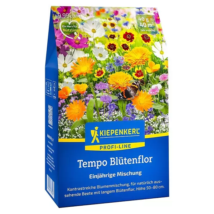 Kiepenkerl Blumenmischung Tempo Blütenflor - Einjährig, 50 cm - 80 cm - Blau-gelbe KIEPENKERL Tempo Blütenflor einjährige Blumensamenpackung mit farbenfrohem Blumenmotiv für natürliche Beete.