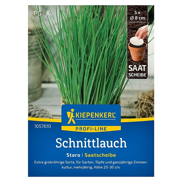 Kiepenkerl Profi-Line Kräutersamen Schnittlauch Staro Saatscheibe - Allium schoenoprasum, Erntezeit: Ganzjährig - Produktbild von Kiepenkerl Schnittlauch 'Staro' Saatscheibe, ideal für Garten und Zimmerkultur.