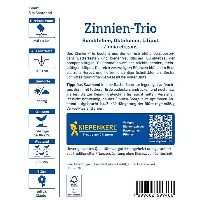 Kiepenkerl Blumensamenmischung Zinnien-Trio (Zinnia elegans, Inhalt geeignet für ca. 5 Meter) | BAUHAUS