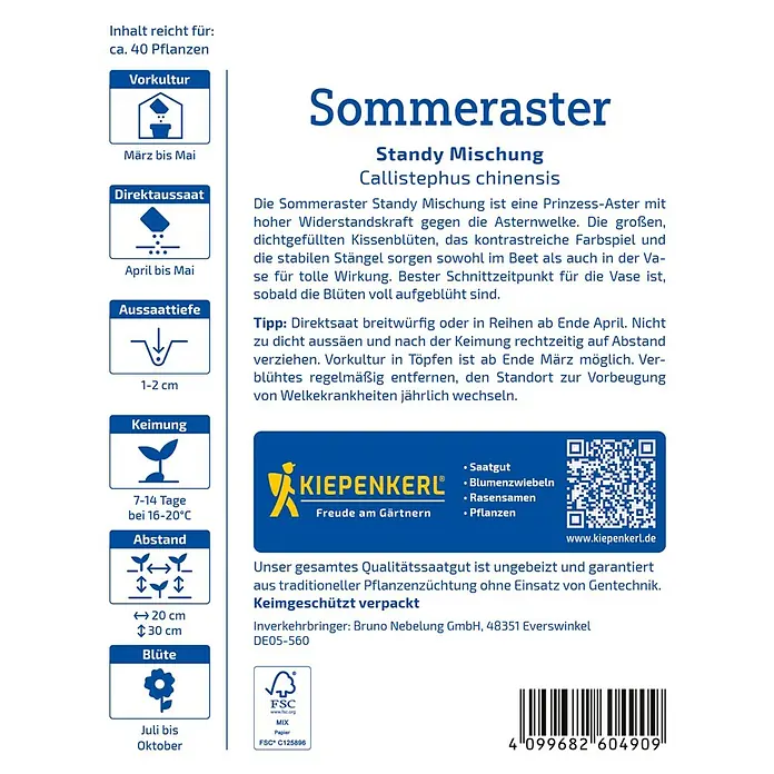 Kiepenkerl Profi-Line Blumensamen Sommeraster - Callistephus chinensis, Mehrfarbig - Bild einer Sommeraster-Samenpackung der Marke Kiepenkerl mit Infos zu Aussaat, Pflege und Blütezeit.