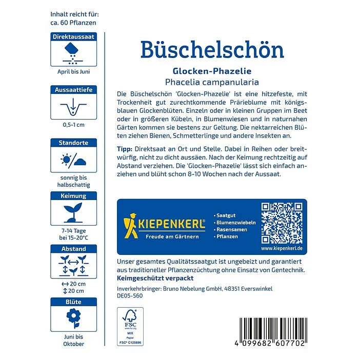 Kiepenkerl Profi-Line Blumensamen Büschelschön Glocken-Phazelie - Phacelia campanularia - Produktbild des Büschelschön Glocken-Phazelie Saatguts von Kiepenkerl, ideal für sonnige bis halbschattige Standorte.