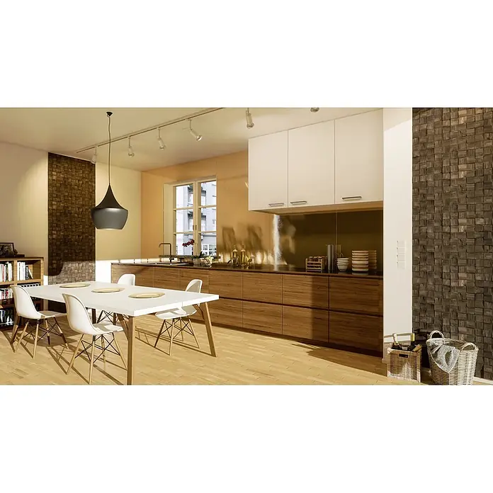 Wandpaneel Quadro I - Kiefer, 380 x 380 mm, Stärke: 11 mm - 13 mm, 0,58 m² - Helle und moderne Küche mit Holzelementen, einem großen Esstisch und stilvoller Beleuchtung, die eine gemütliche Atmosphäre schafft.