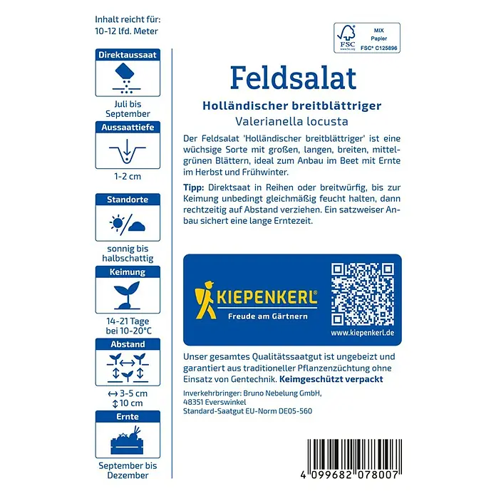 Kiepenkerl Salatsamen Feldsalat holländischer, breitblättrig - Valerianella locusta, Erntezeit: Oktober - Abbildung einer Samenpackung Feldsalat 'Holländischer breitblättriger', einer idealen Sorte für den Beet-Anbau im Herbst und Frühwinter.