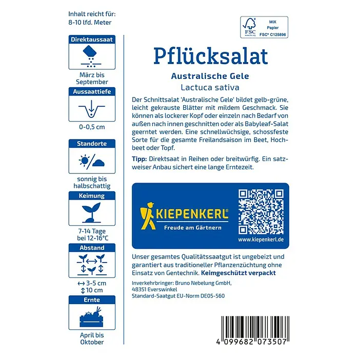 Kiepenkerl Salatsamen Pflücksalat - Lactuca sativa, Erntezeit: April - Bild einer Samenpackung für Pflücksalat 'Australische Gele' der Marke Kiepenkerl mit Infos zu Aussaat, Standort und Ernte.