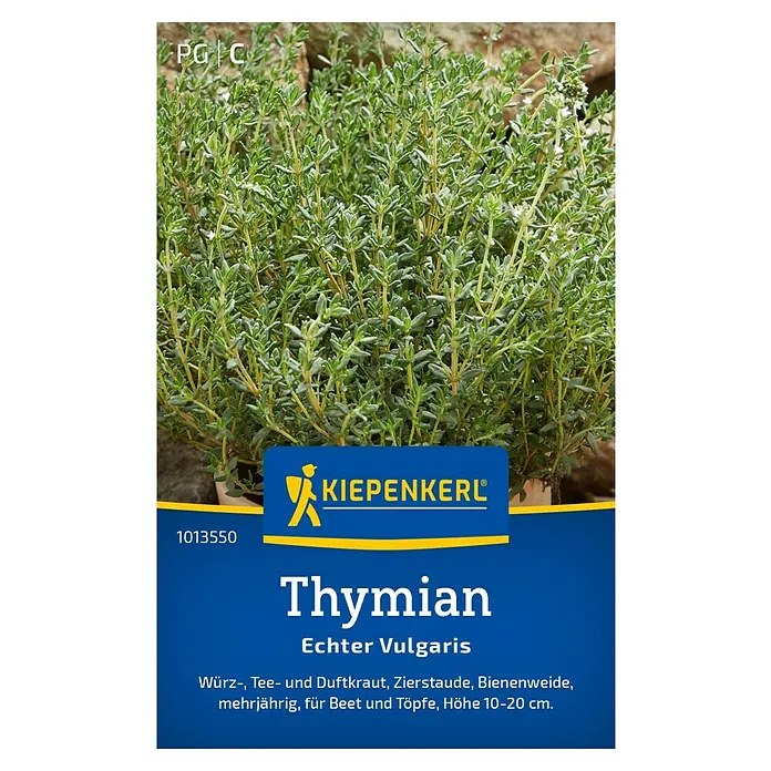 Kiepenkerl Kräutersamen Thymian Echter Vulgaris - Thymus vulgaris, Saatzeit: April, Erntezeit: Ganzjährig - Thymian 'Echter Vulgaris' der Marke Kiepenkerl. Würzkraut, mehrjährig, geeignet für Beet und Töpfe. Höhe ca. 10-20 cm.