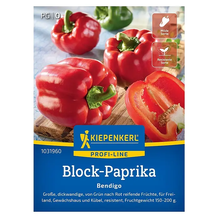 Kiepenkerl Profi-Line Gemüsesamen Blockpaprika Bendigo - Capsicum annuum, Erntezeit: August - Abbildung von Kiepenkerl Block-Paprika Bendigo Samenpackung, die große, dickwandige, von grün nach rot reifende Früchte zeigt.