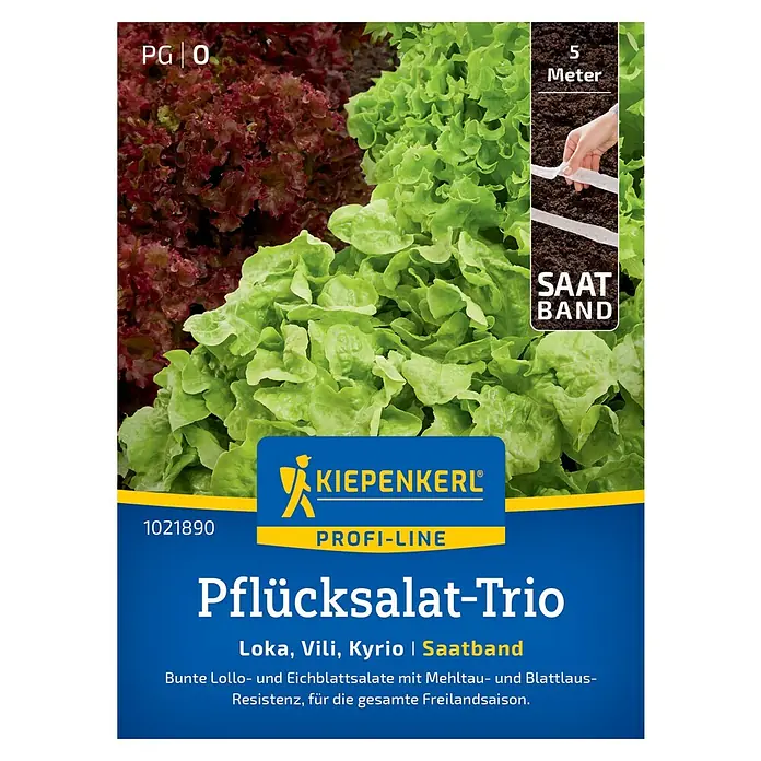 Kiepenkerl Profi-Line Gemüsesamen Pflücksalat-Trio - Verschiedene Sorten, Erntezeit: Mai - Abbildung einer Pflücksalat-Trio-Samenpackung von Kiepenkerl Profi-Line mit den Sorten Loka, Vili und Kyrio als Saatband.