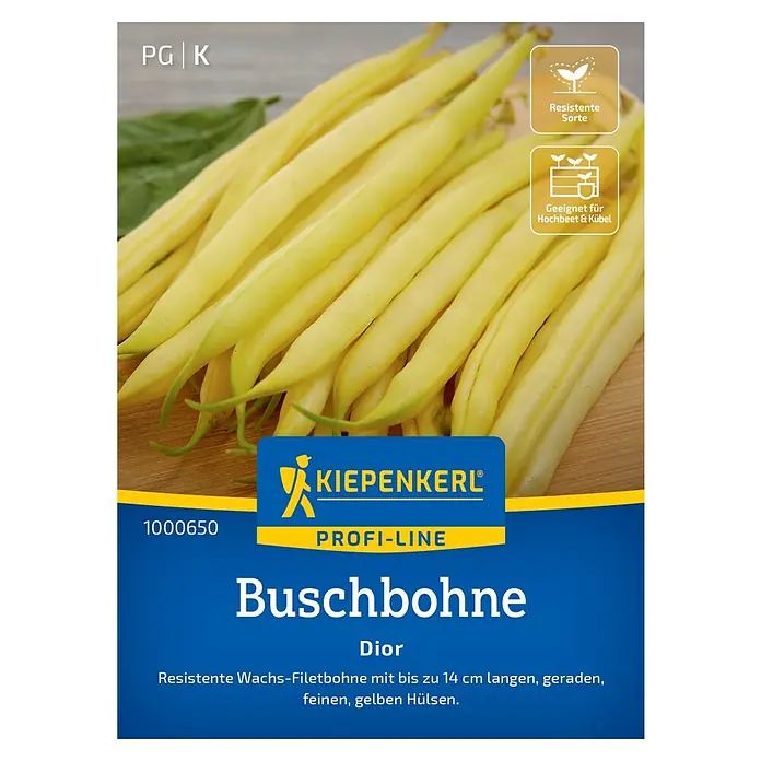Kiepenkerl Profi-Line Gemüsesamen Buschbohne Dior - Phaseolus vulgaris, Erntezeit: Juli - Abbildung einer Kiepenkerl Buschbohne Dior-Samenpackung, einer resistenten Sorte, geeignet für Hochbeete und Kübel.