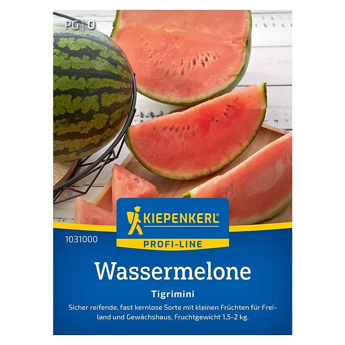 Kiepenkerl Profi-Line Obstsamen Wassermelonen Tilgrimini, F1 - Cucumis melo, Erntezeit: August - Samenpackung Wassermelone Tigrimini von Kiepenkerl. Die Packung zeigt saftige Wassermelonenstücke und eine ganze Frucht.