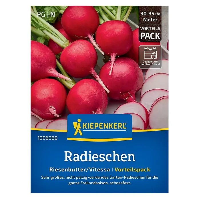 Kiepenkerl Gemüsesamen Radieschen Riesenbutter/Vitessa - Raphanus sativus var. sativus, Erntezeit: April - Radieschen "Riesenbutter/Vitessa" Samenpackung von Kiepenkerl. Für den Anbau im Garten, sehr groß und schossfest.