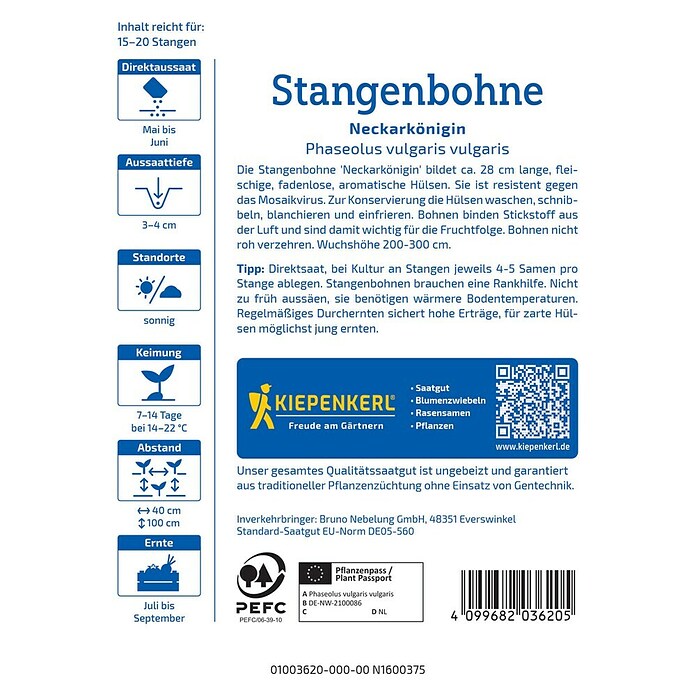 Kiepenkerl Gemüsesamen Stangenbohne Neckarkönigin (Phaseolus vulgaris var. vulgaris, Erntezeit: Juli) | BAUHAUS