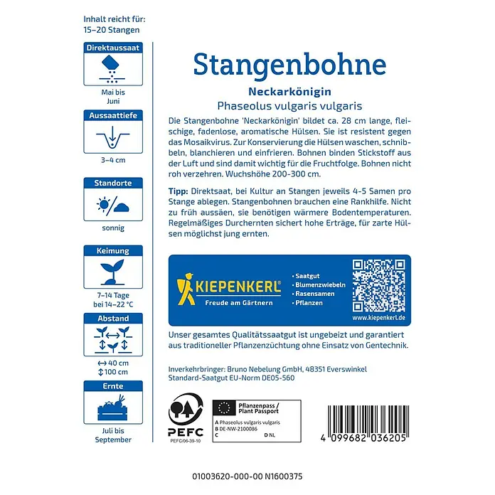 Kiepenkerl Gemüsesamen Stangenbohne Neckarkönigin - Phaseolus vulgaris var. vulgaris, Erntezeit: Juli - Bild einer Saatguttüte Stangenbohne 'Neckarkönigin' von Kiepenkerl mit Infos zu Aussaat, Standort und Erntezeit.