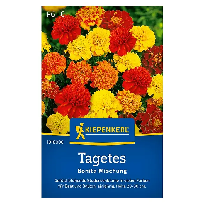 Kiepenkerl Blumensamen Tagetes - Tagetes patula, Mehrfarbig - Bild einer Kiepenkerl Tagetes Bonita Mischung Samenpackung mit farbenfrohen Studentenblumen in Rot, Gelb und Orange.