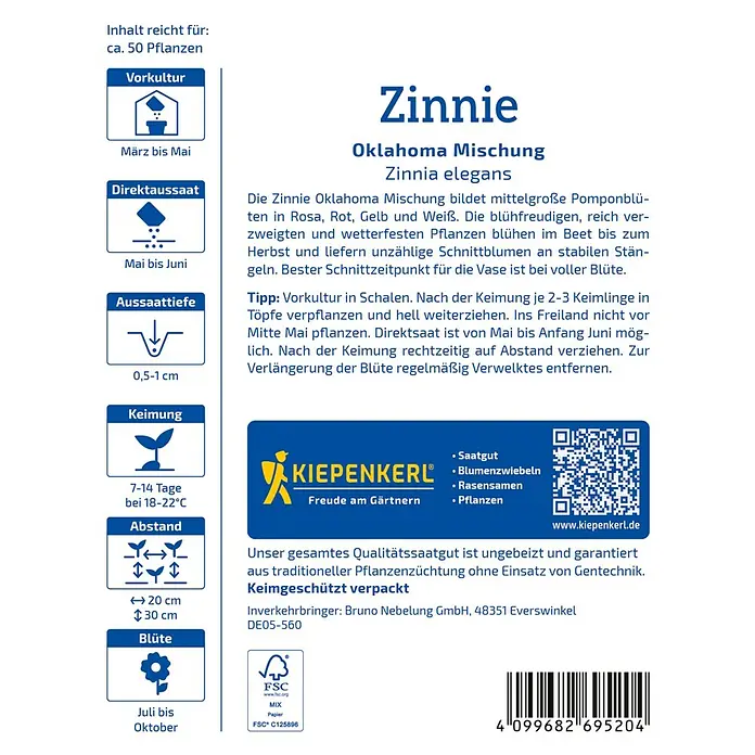 Kiepenkerl Profi-Line Blumensamen Zinnie Oklahoma - Zinnia elegans, Mehrfarbig - Abbildung einer Zinnien-Oklahoma-Mischung-Samenpackung mit Anweisungen zu Pflanzung, Abstand, Blütezeit und weiteren Details.