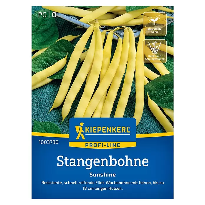 Kiepenkerl Profi-Line Gemüsesamen Sunshine - Phaseolus vulgaris vulgaris, Erntezeit: Juli, Inhalt reicht für ca. 10 Stangen - Gelbe 'Sunshine' Stangen-Wachsbohnen auf Samenpackung.