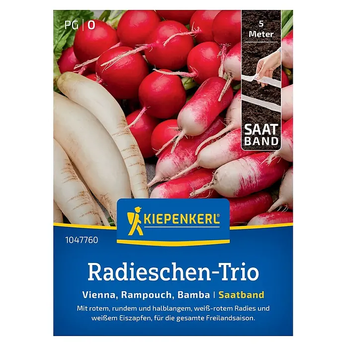 Kiepenkerl Gemüsesamen Saatband Radieschen-Trio - Raphanus sativus sativus, Inhalt reicht für 5 lfd. Meter - Samenpackung Radieschen-Trio von Kiepenkerl: Wiener, Rampouch und Bamba. Für knackige, aromatische und vielseitige Radieschen im Garten.