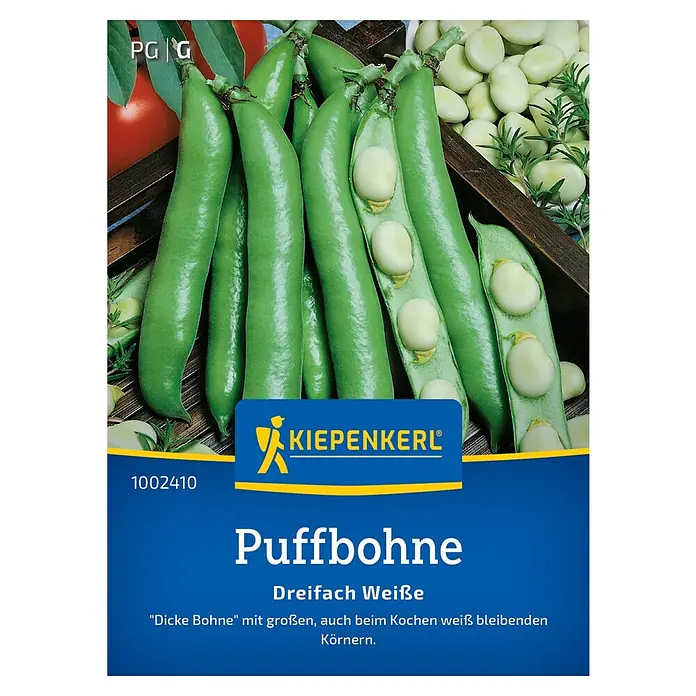 Kiepenkerl Gemüsesamen Puffbohne Dreifach Weiße - Vicia faba, Erntezeit: Juni - Samenpackung Puffbohne 'Dreifach Weiße' von Kiepenkerl mit frischen grünen Bohnen und weißen Samen. Ideal für den Anbau im eigenen Garten.