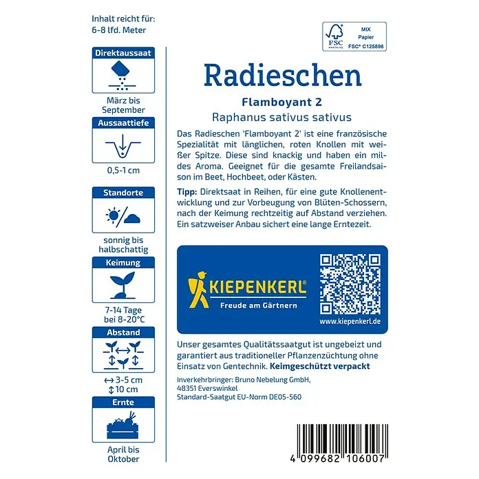 Kiepenkerl Gemüsesamen Radieschen Flamboyant 2 - Raphanus sativus var. sativus, Erntezeit: April - Bild einer Radieschen Flamboyant 2 Samenpackung mit Anweisungen zu Aussaat, Standort und Erntezeit.