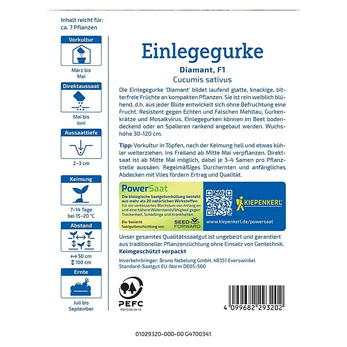 Kiepenkerl Profi-Line Gemüsesamen Einlegegurke Diamant PS - Cucumis sativus, Erntezeit: Juli - Bild einer Saatguttüte "Einlegegurke Diamant F1" von Kiepenkerl mit Anbauhinweisen und dem PEFC-Siegel.