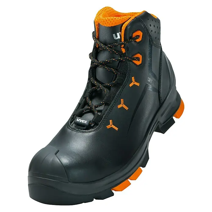 Uvex Sicherheitsstiefel 2 - 46, Schutzklasse nach EN ISO 20345: S3, Schwarz/Orange - Schwarzer Uvex Sicherheitsschuh mit orangefarbenen Akzenten und Schnürsenkeln für optimalen Schutz und Komfort.