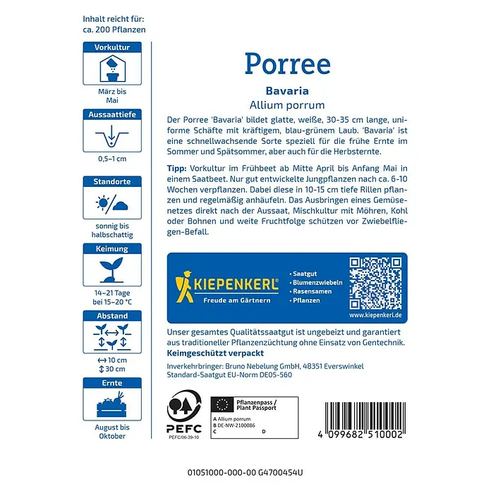 Kiepenkerl Profi-Line Gemüsesamen Porree Bavaria - Allium porrum, Erntezeit: August - Produktbild: Porree 'Bavaria' Saatgutpackung mit Anweisungen zu Aussaat, Standort und Ernte für eine erfolgreiche Aufzucht.