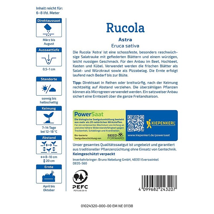 Kiepenkerl Profi-Line Salatsamen Rucola Astra PowerSaat (Eruca sativa, Erntezeit: Ganzjährig, 0,6 g) | BAUHAUS