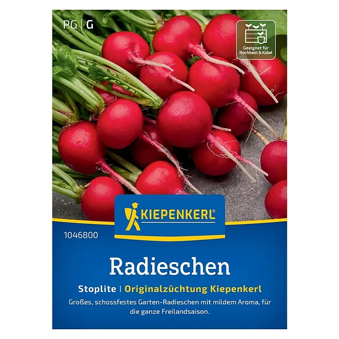 Kiepenkerl Profi-Line Gemüsesamen Radieschen Stoplite - Raphanus sativus var. sativus, Erntezeit: Juni - Abbildung der Samenpackung für "Radieschen Stoplite Originalzüchtung Kiepenkerl", ideal für den Anbau im Garten oder auf dem Hochbeet.