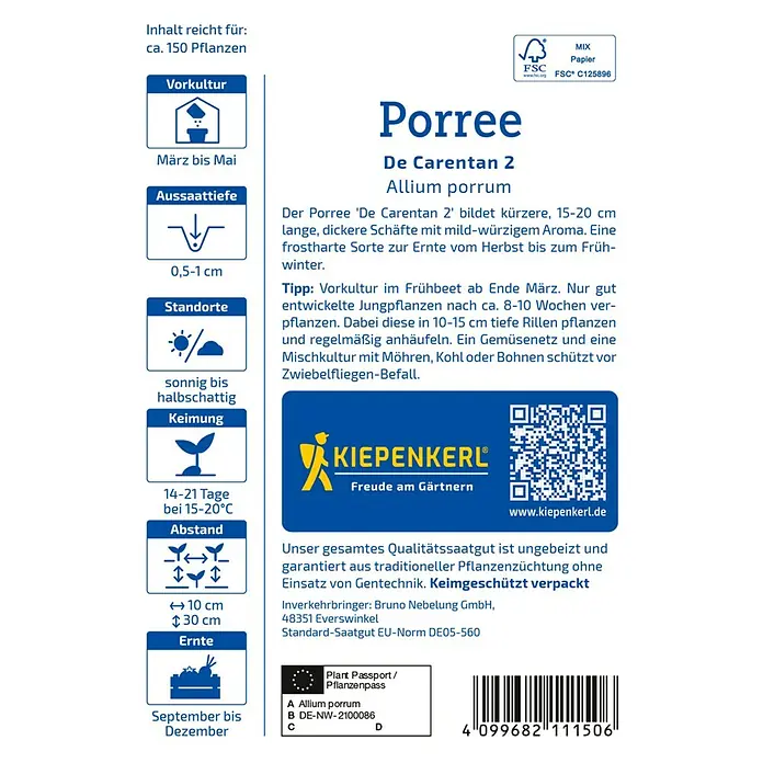 Kiepenkerl Gemüsesamen Porree de Carentan 2 - Allium porrum, Erntezeit: Oktober - Verpackung des Porree 'De Carentan 2' Saatguts von Kiepenkerl, mit Anweisungen zur Aussaat und Ernte.