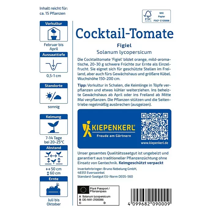 Kiepenkerl Gemüsesamen Cocktail-Tomatensamen Figiel - Solanum lycopersicum, Erntezeit: Juli - Blauer und weißer Samenbeutel für 'Figiel' Cocktailtomaten, mit Pflanzanleitung und Produktinformationen.