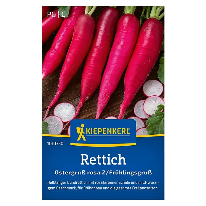Kiepenkerl Gemüsesamen Rettich Ostergruß rosa 2 / Frühlingsgruß - Raphanus sativus, Erntezeit: Juni - Das Bild zeigt eine Packung 'Kiepenkerl' Rettichsamen der Sorte 'Ostergruß rosa 2/Frühlingsgruß'.