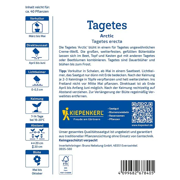 Kiepenkerl Profi-Line Blumensamen Tagetes - Tagetes erecta, Weiß - Saatguttüte Tagetes 'Arctic'. Informationen zu Aussaat, Pflege und Blütezeit der Tagetes erecta, einer strahlend weißen Sorte.